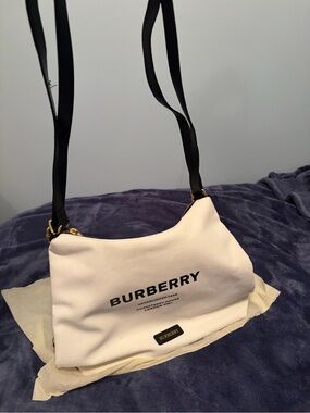 Cream Canvas Shoulder Bag with Black Strap and Logo